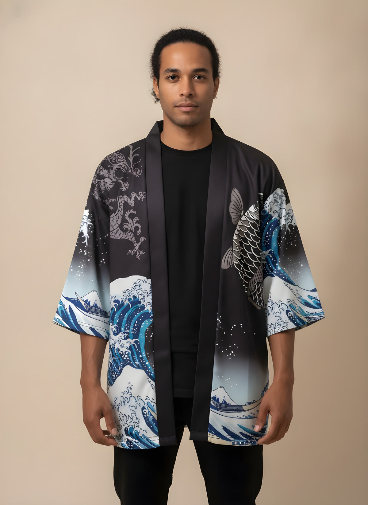 Great Wave & Koi Kimono Cardigan in Black Fade, front view on model