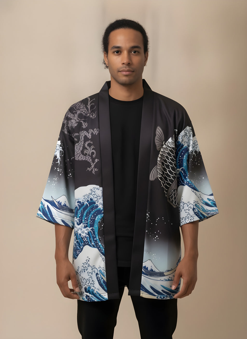 Great Wave & Koi Kimono Cardigan in Black Fade, side view on model