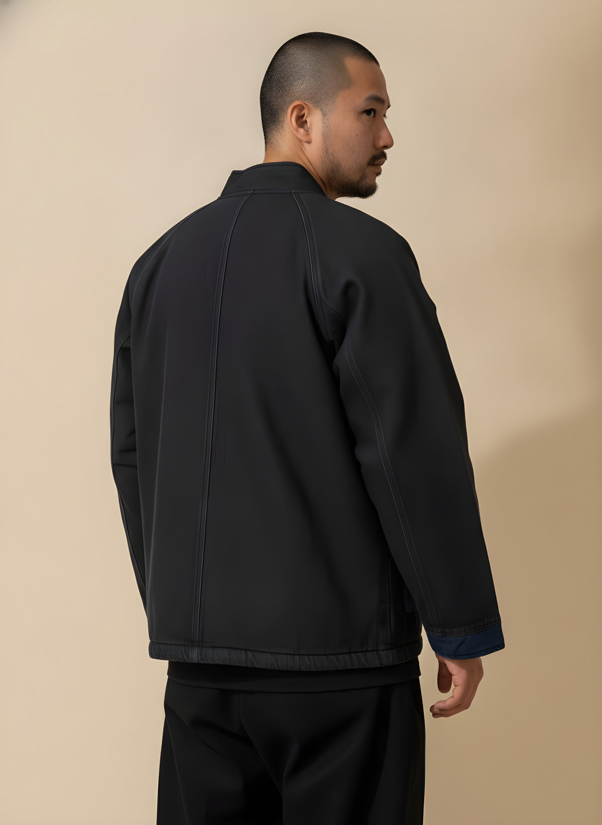 Zip-Up Padded Haori Jacket in Black, back view on model