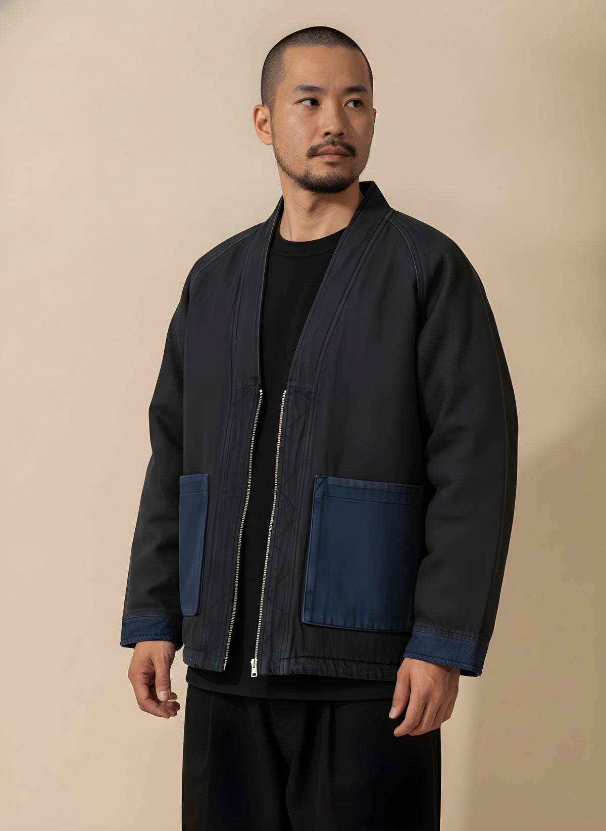 Zip-Up Padded Haori Jacket in Black, side view on model
