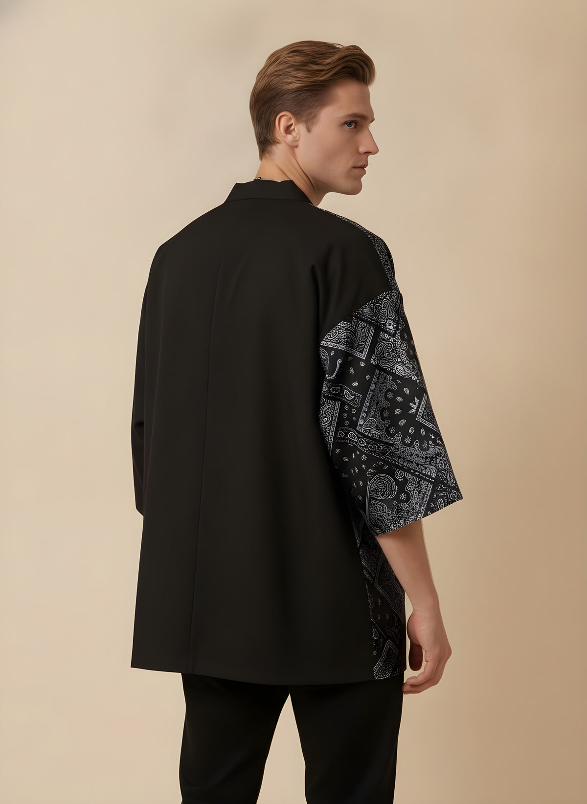 Paisley Patchwork Haori in Black, back view on model