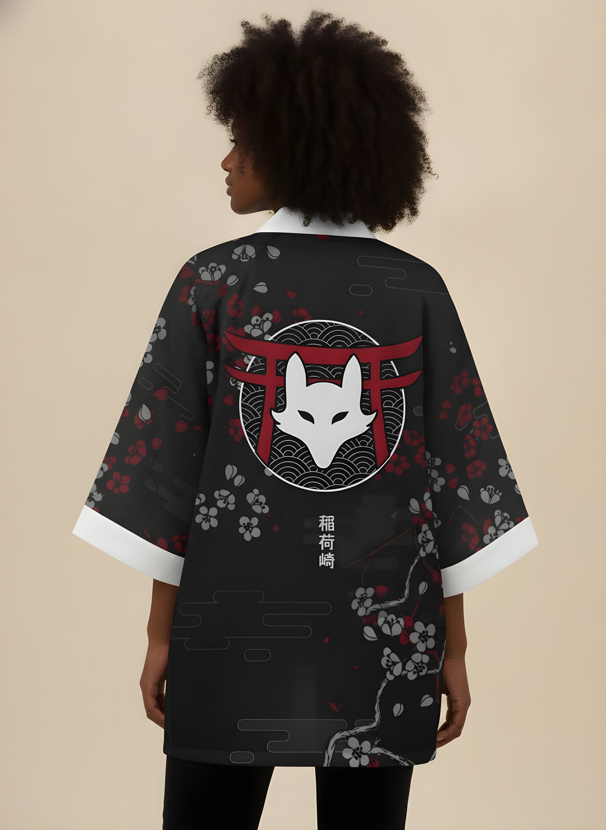Inari Fox Print Haori Kimono, back view on model