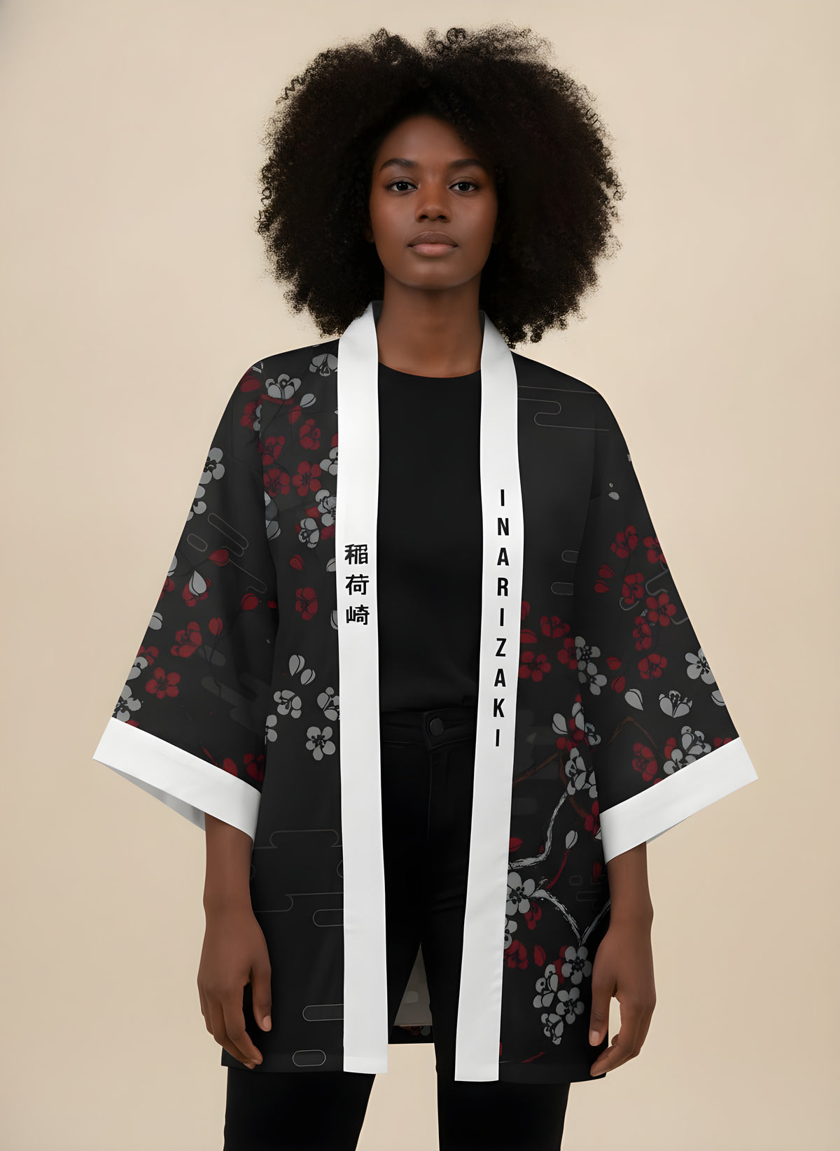 Inari Fox Print Haori Kimono, front view on model