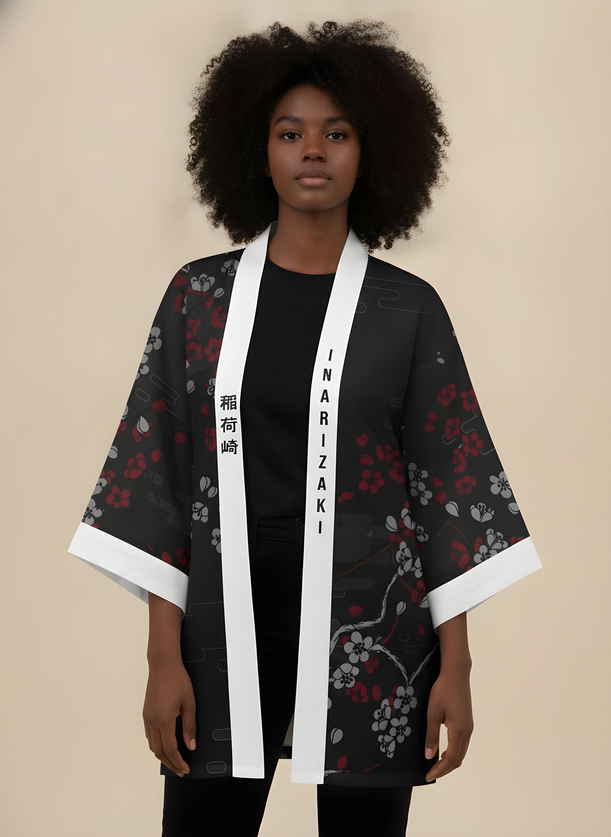 Inari Fox Print Haori Kimono, side view on model