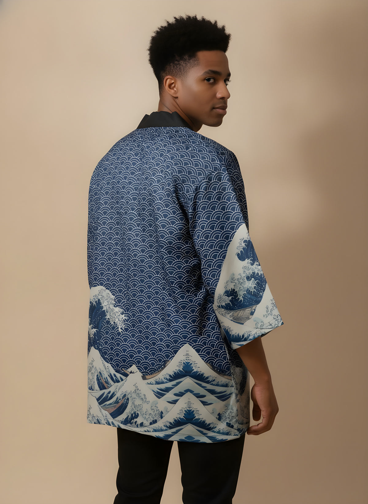 Ocean Wave & Cloud Haori, back view on model