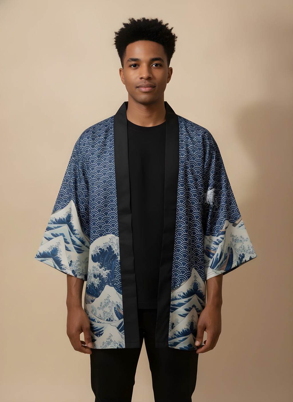 Ocean Wave & Cloud Haori, front view on model