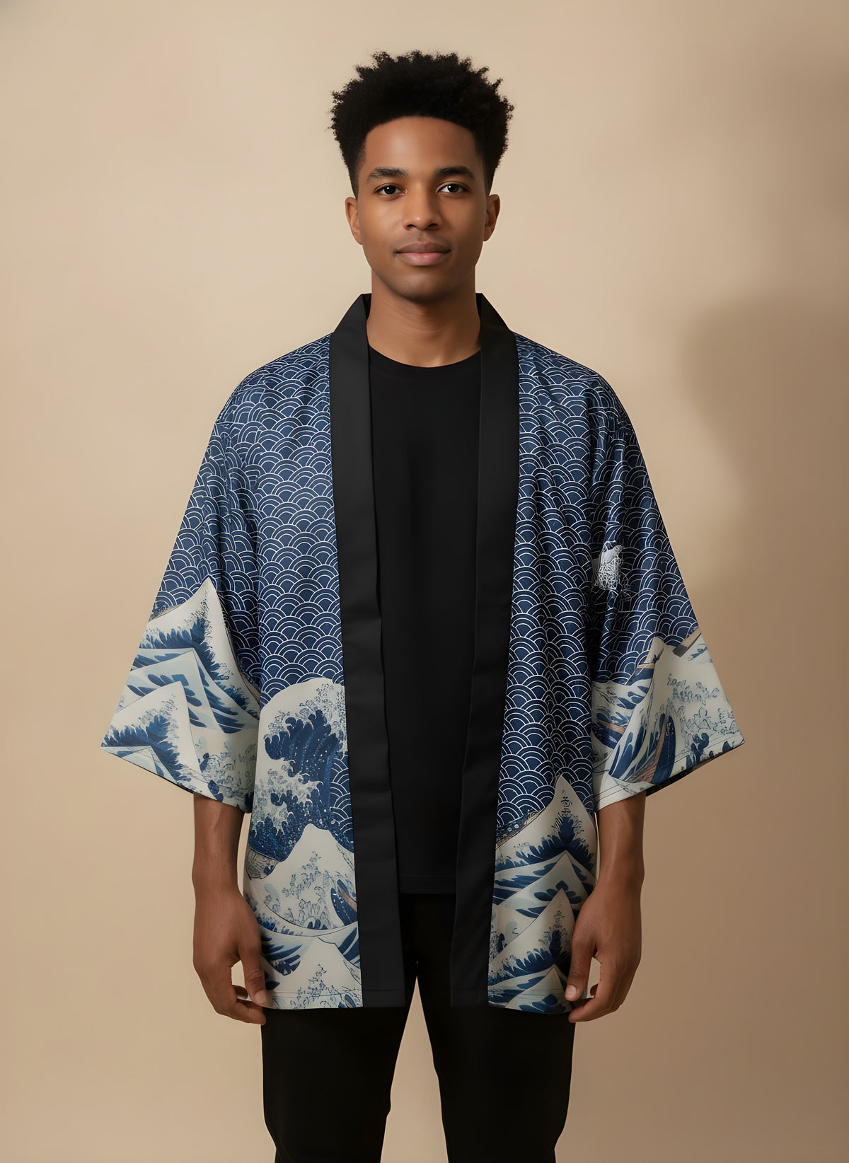 Ocean Wave & Cloud Haori, front view on model