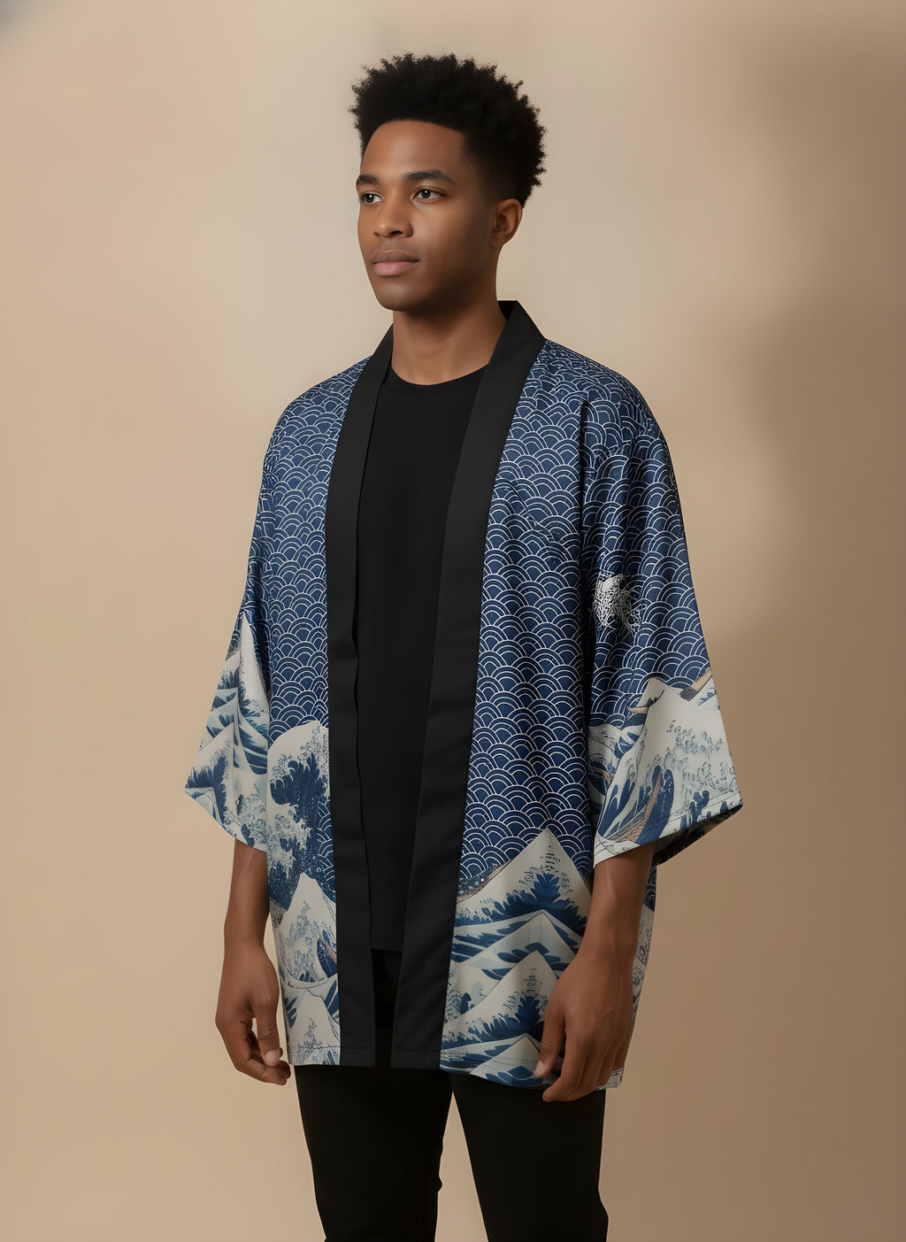 Ocean Wave & Cloud Haori, side view on model