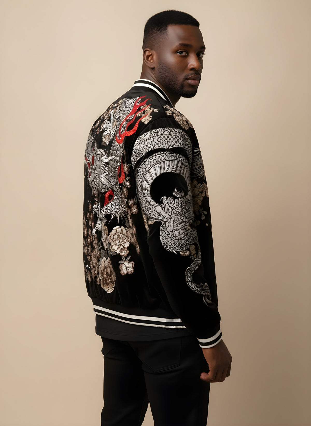 Coiled Dragon & Peony Sukajan Jacket in Black, back view on model