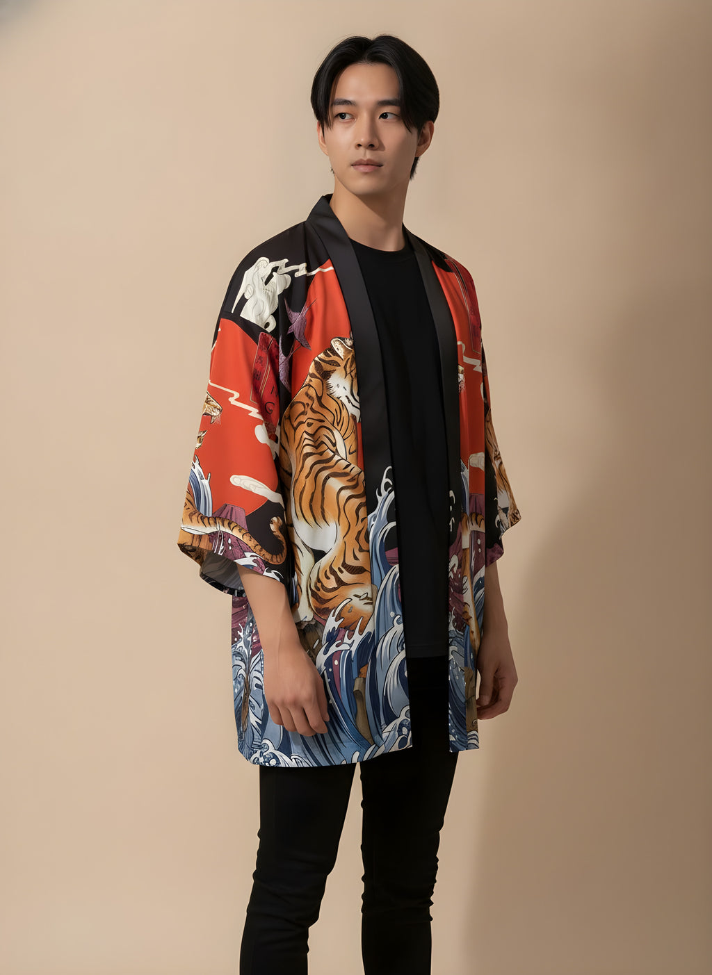 Tiger Print Haori Kimono Cardigan, side view on model