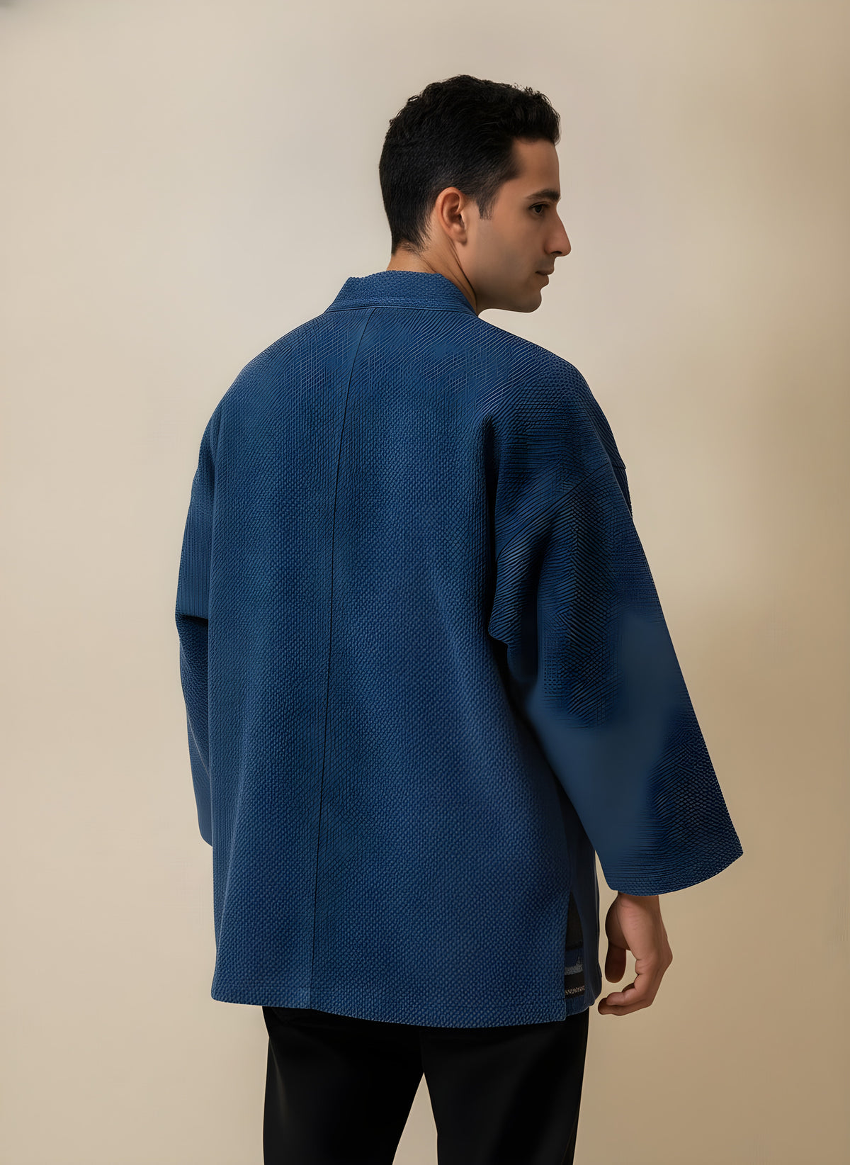 Indigo-Dyed Cotton Haori Jacket, back view on model