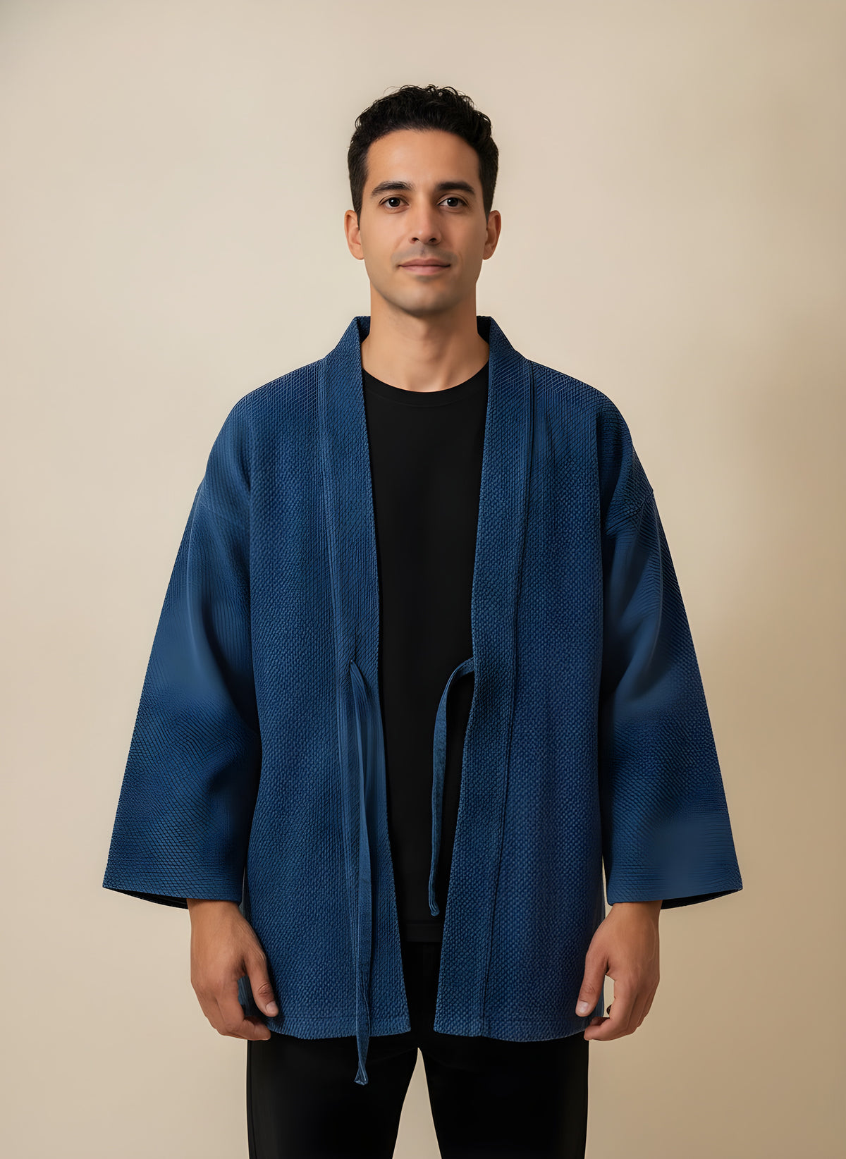 Indigo-Dyed Cotton Haori Jacket, front view on model