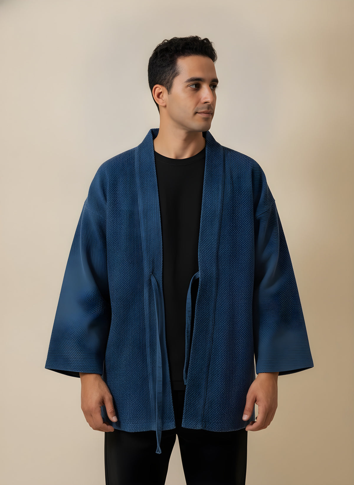 Indigo-Dyed Cotton Haori Jacket, side view on model