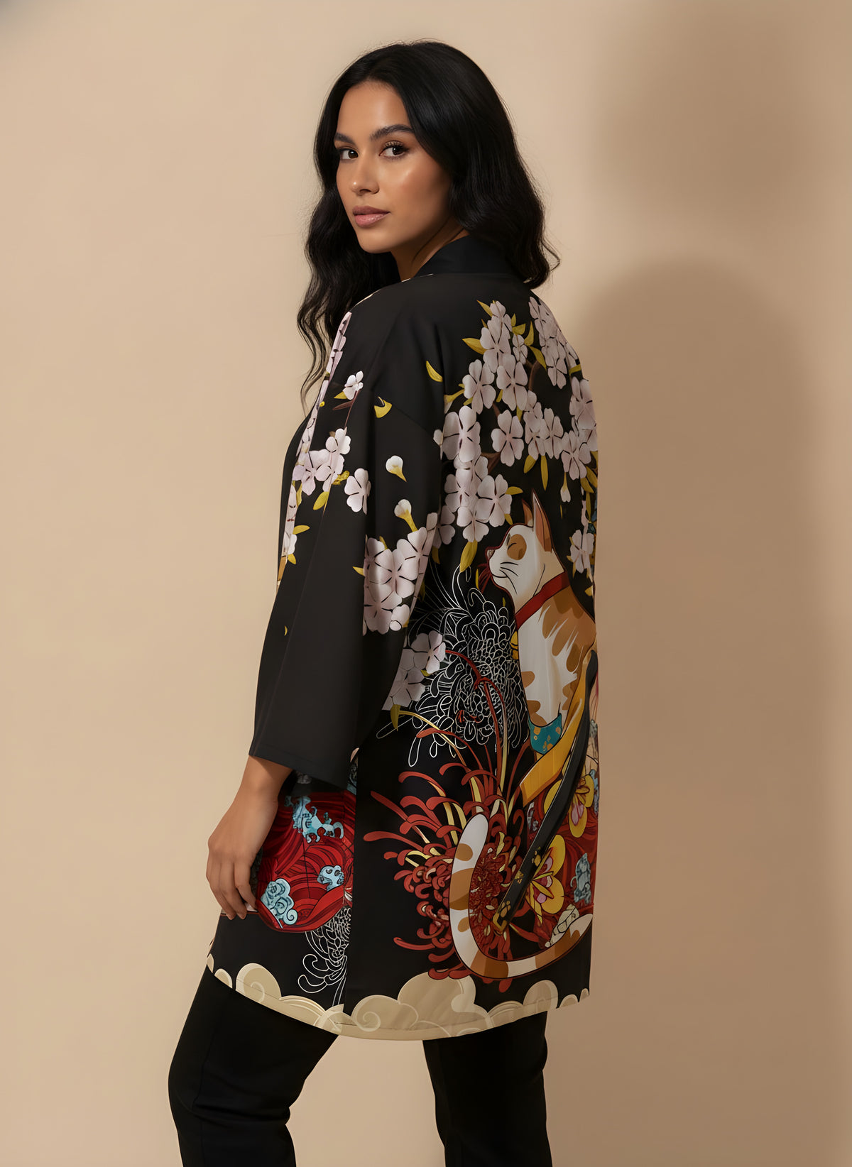 Ukiyo-e Samurai Cat Haori Kimono, back view on model
