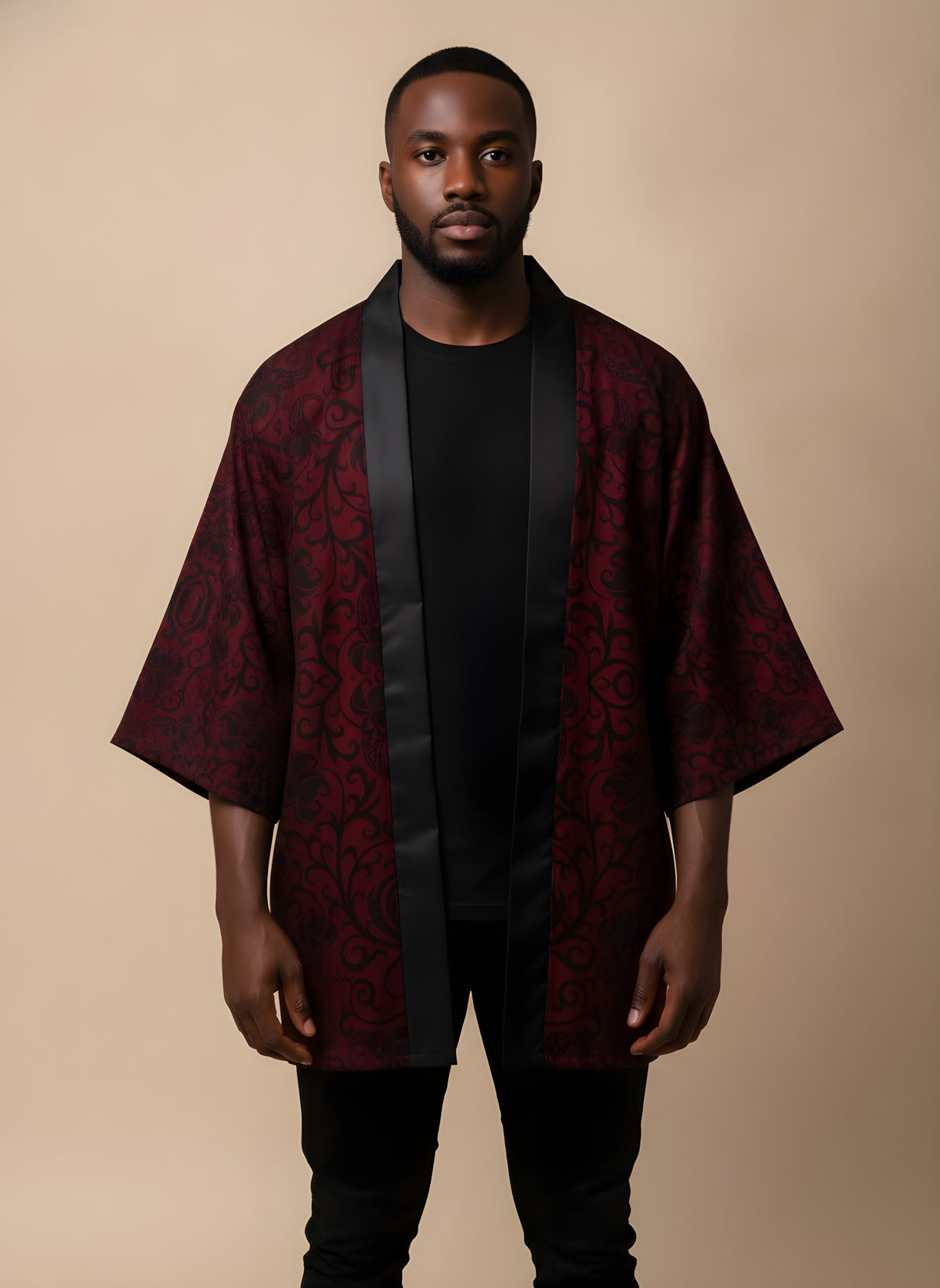 Samurai Print Black Haori Kimono, front view on model