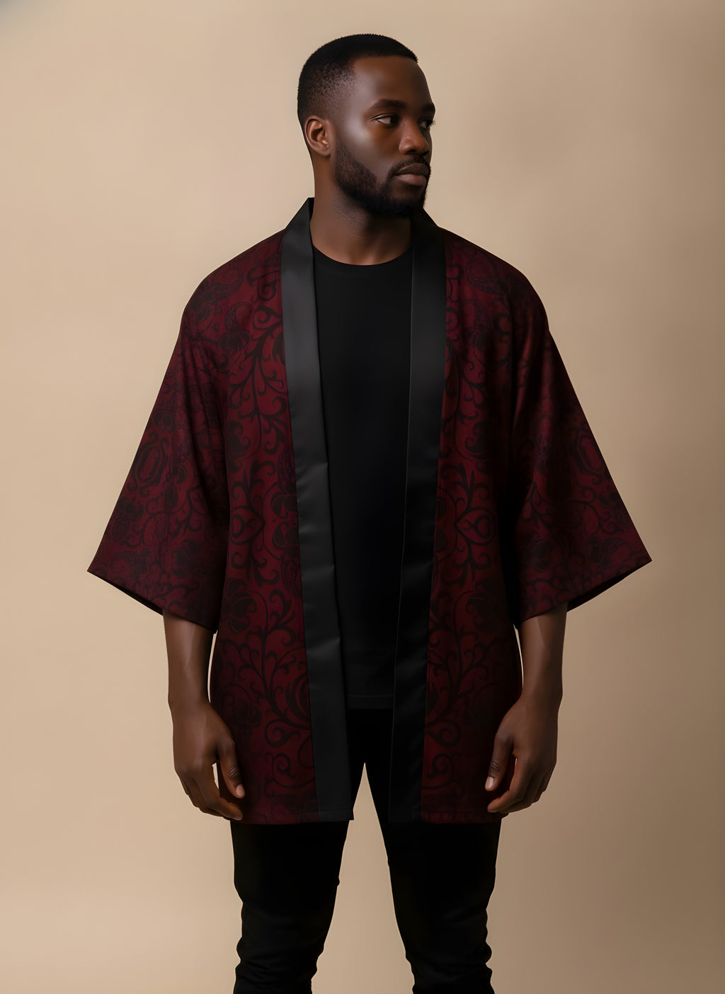 Samurai Print Black Haori Kimono, side view on model