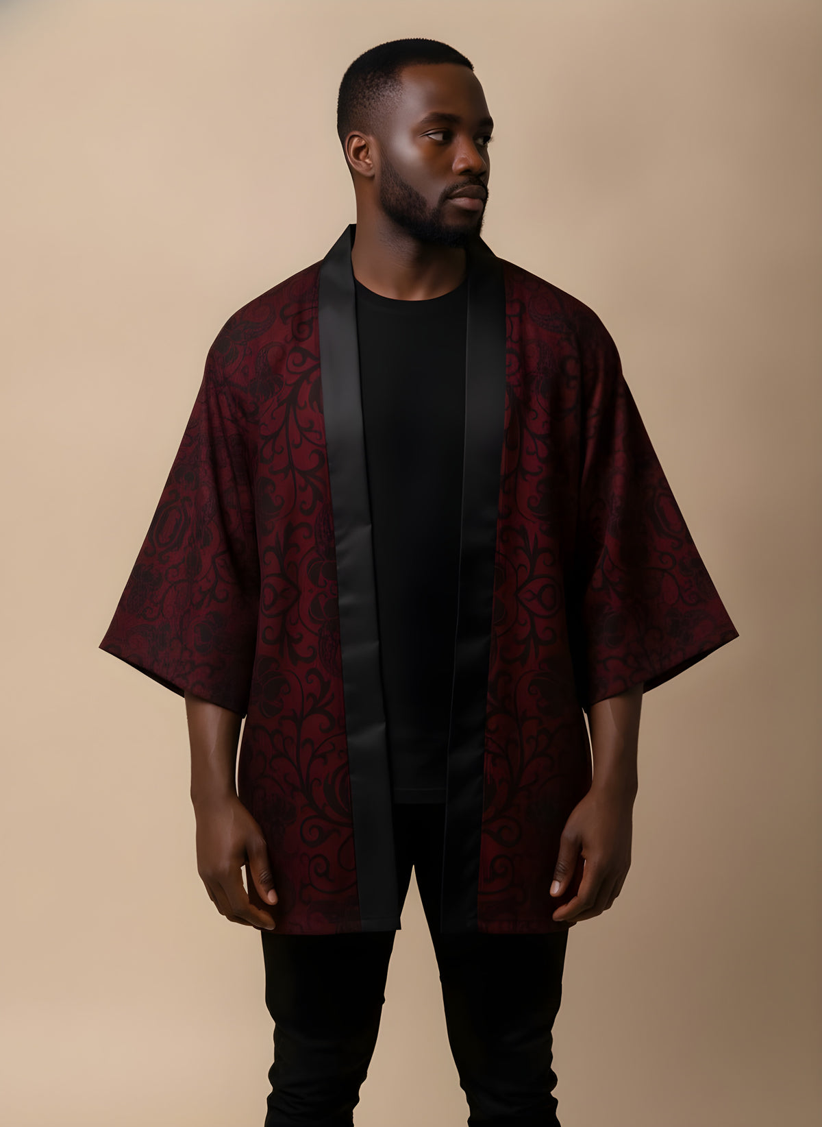Samurai Print Black Haori Kimono, side view on model