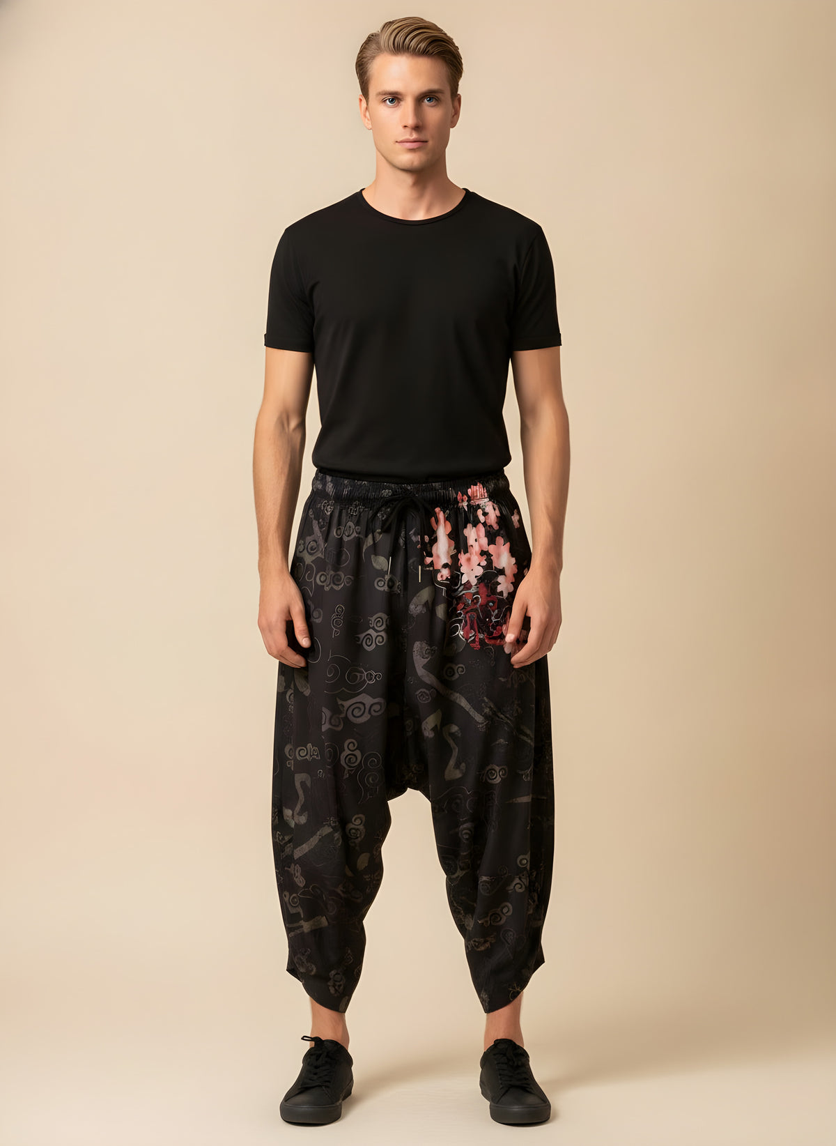 Cherry Blossom Kimono Harem Pants, front view on model
