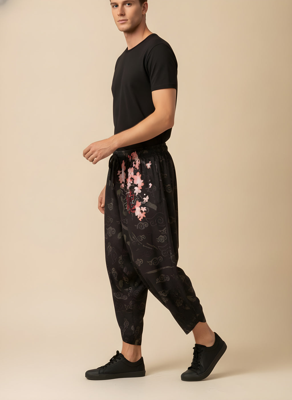 Cherry Blossom Kimono Harem Pants, side view on model