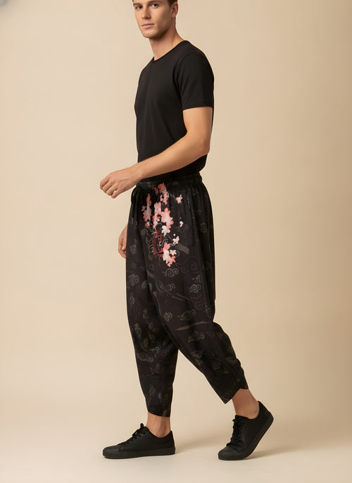 Cherry Blossom Kimono Harem Pants, side view on model
