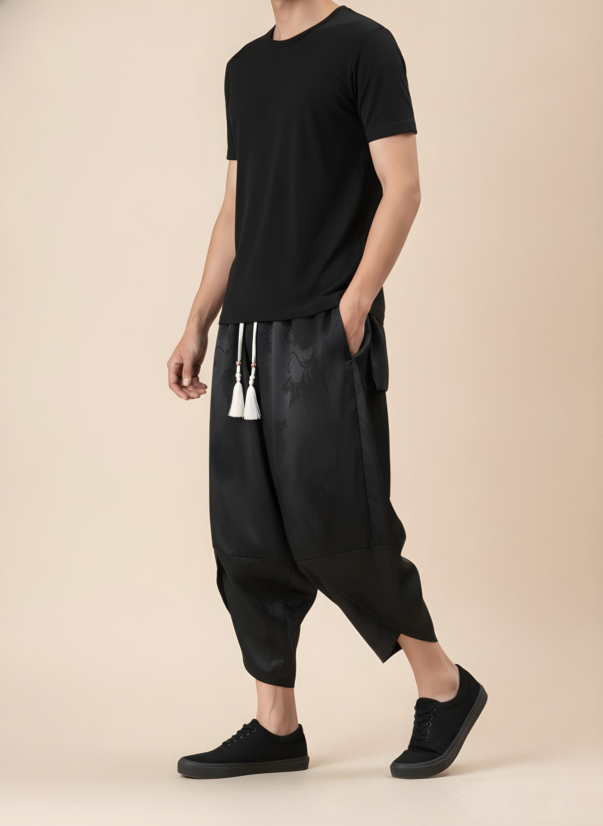 Dragon Print Ice Silk Harem Pants, side view on model