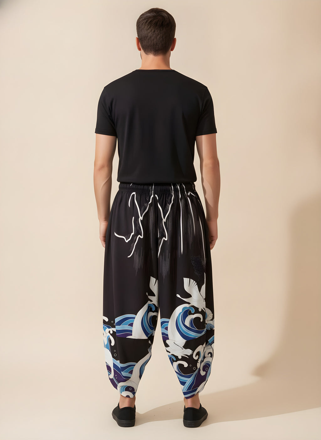 Crane & Wave Kimono Pants in Black, back view on model