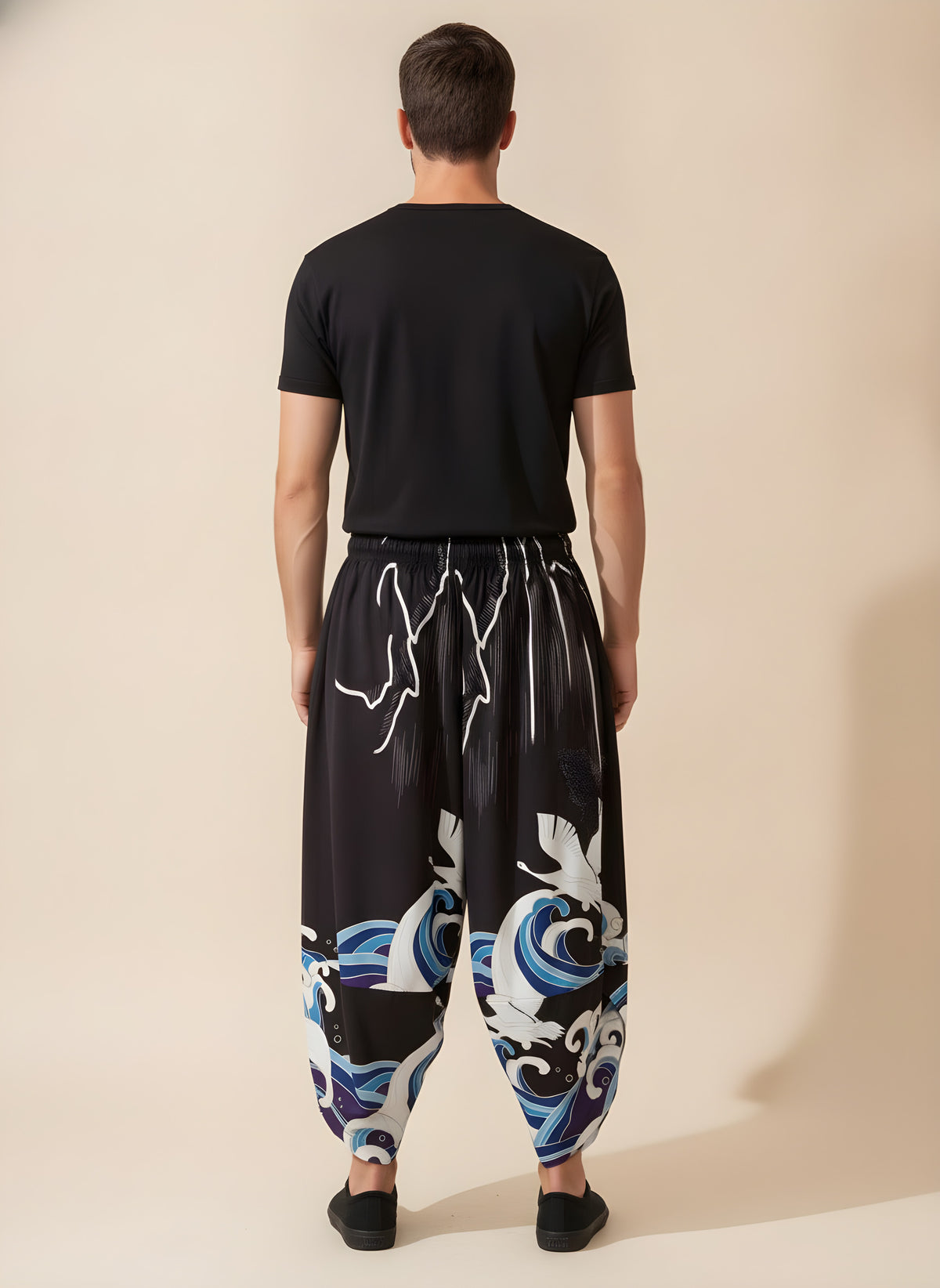 Crane & Wave Kimono Pants in Black, back view on model