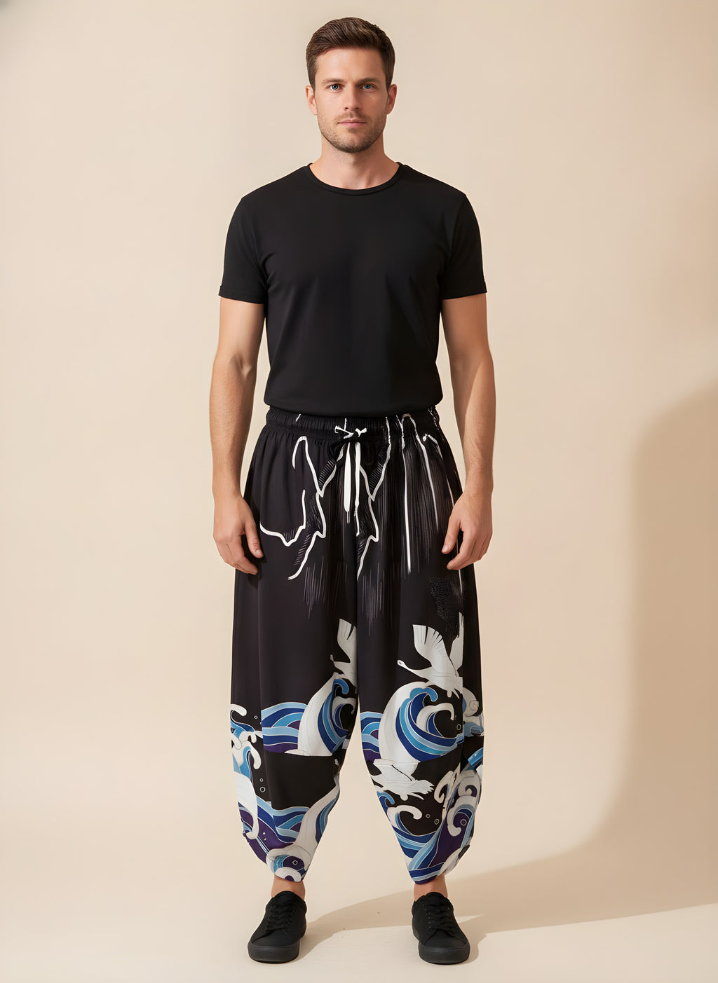 Crane & Wave Kimono Pants in Black, front view on model
