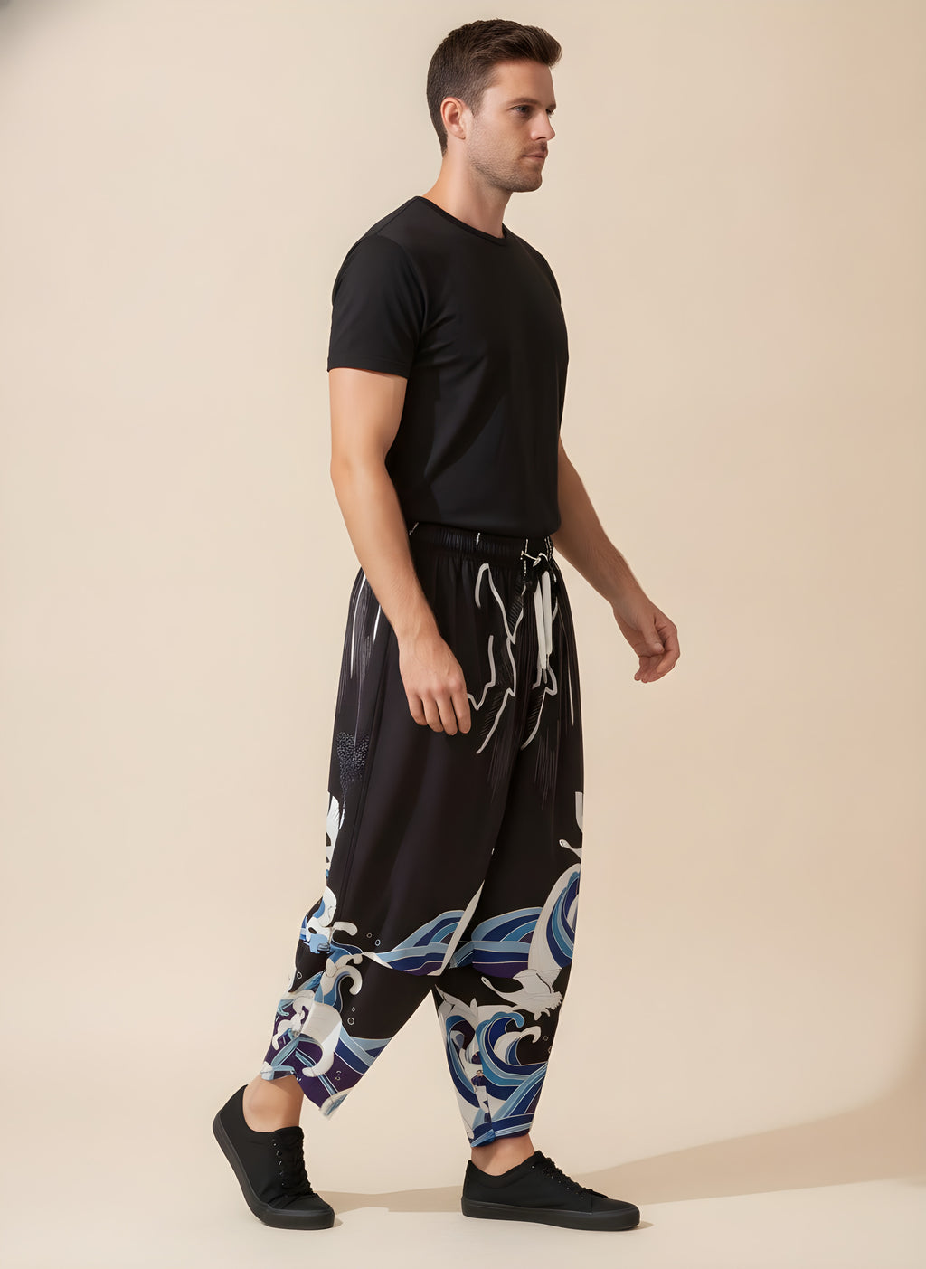 Crane & Wave Kimono Pants in Black, side view on model