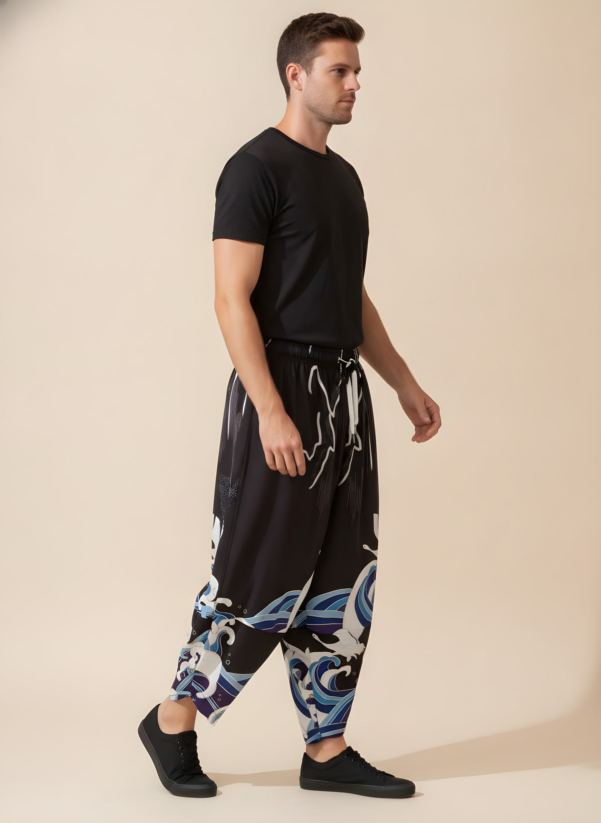 Crane & Wave Kimono Pants in Black, side view on model