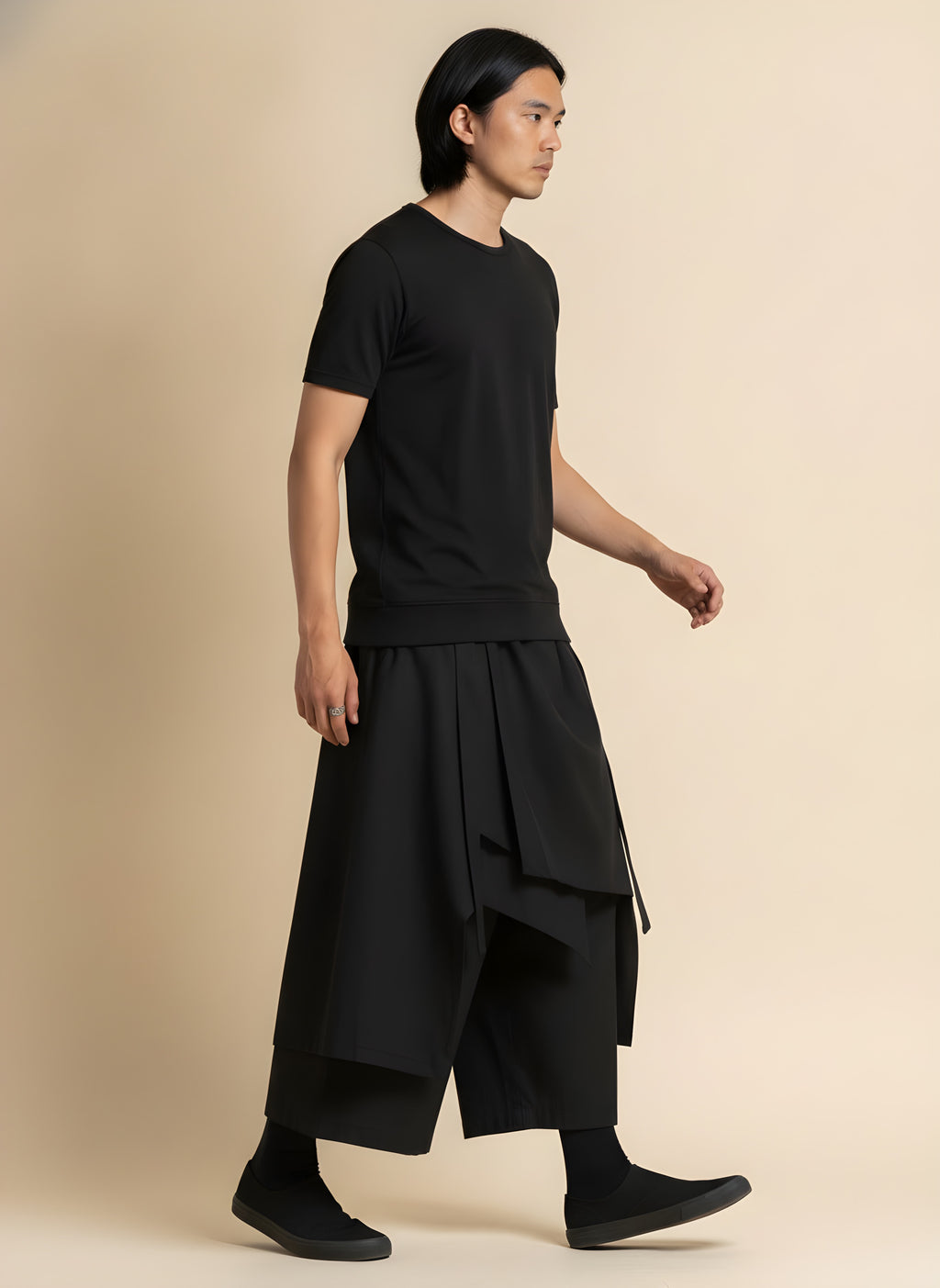 Double-Layer Samurai Hakama Pants, side view on model