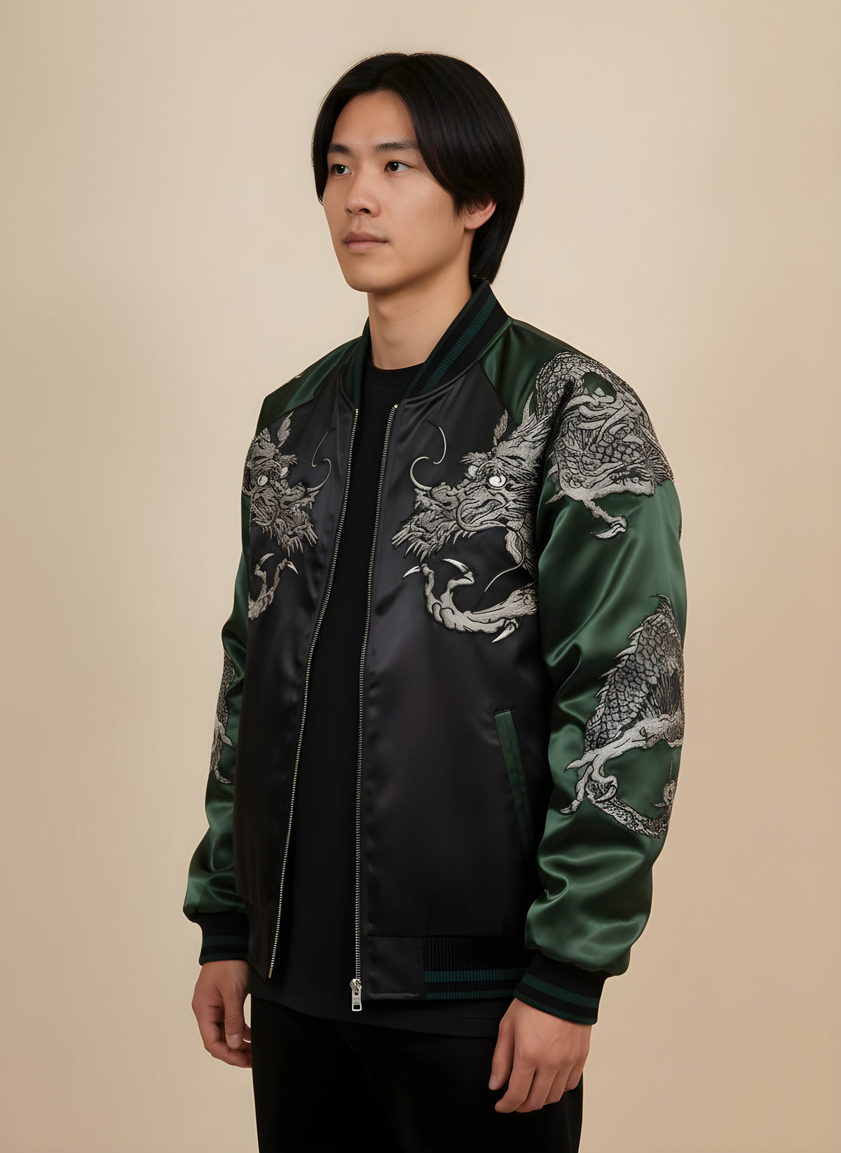Yokosuka Dragon Embroidered Jacket with Green Sleeves, side view on model