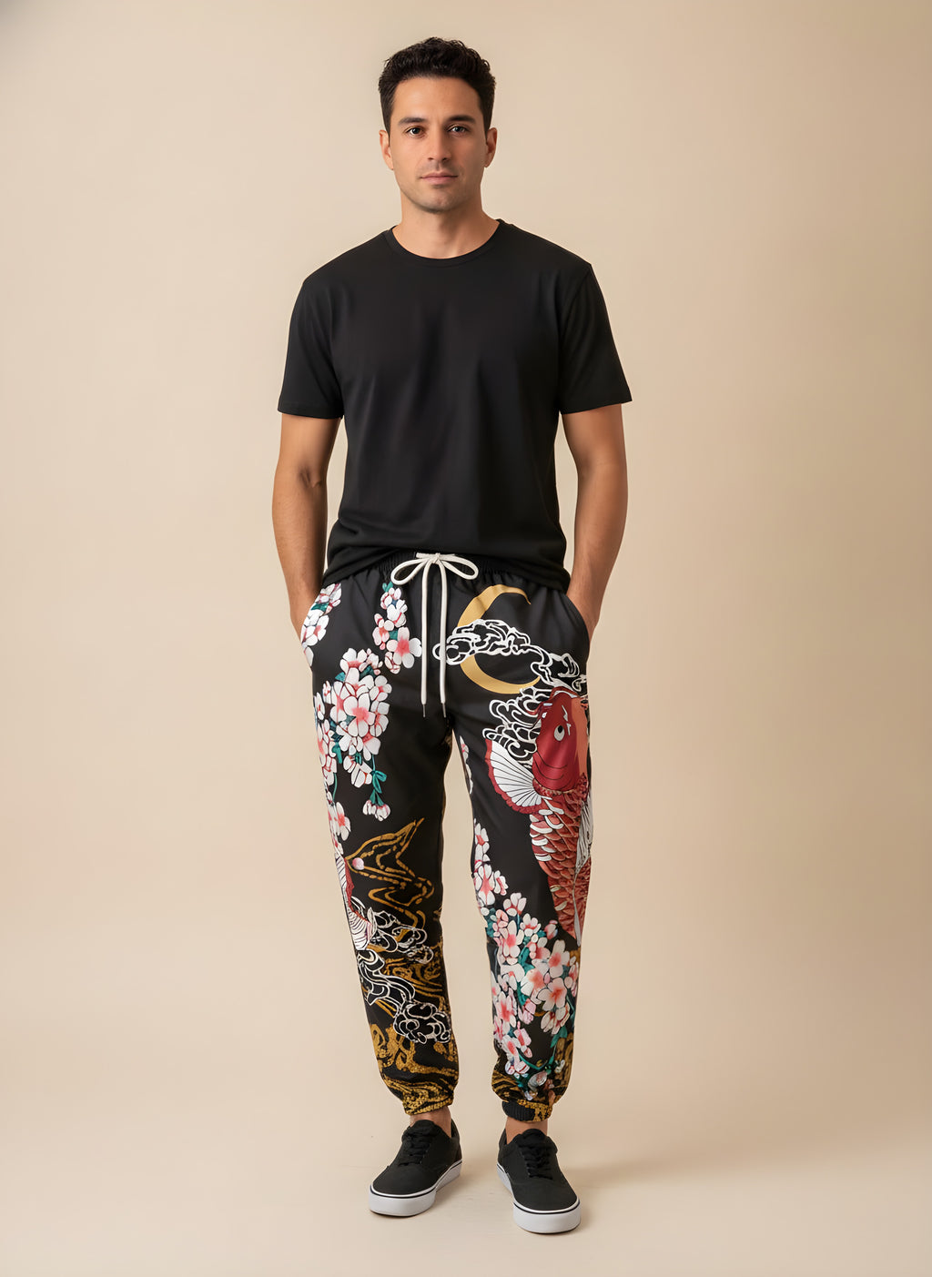 Koi & Sakura Print Cargo Joggers, front view on model
