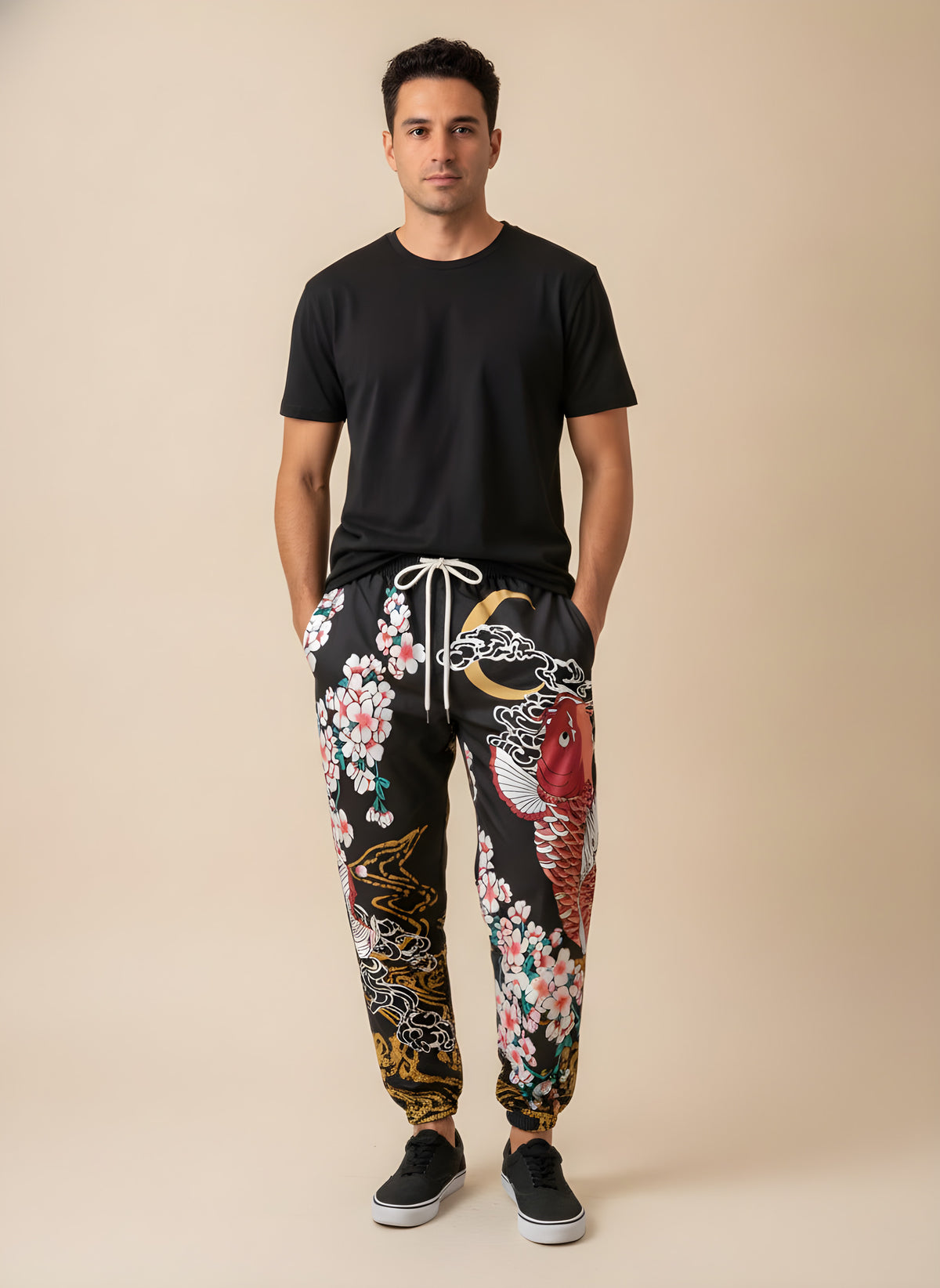 Koi & Sakura Print Cargo Joggers, front view on model