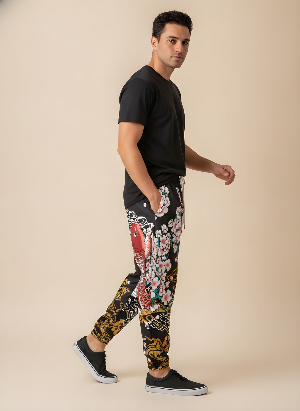 Koi & Sakura Print Cargo Joggers, side view on model