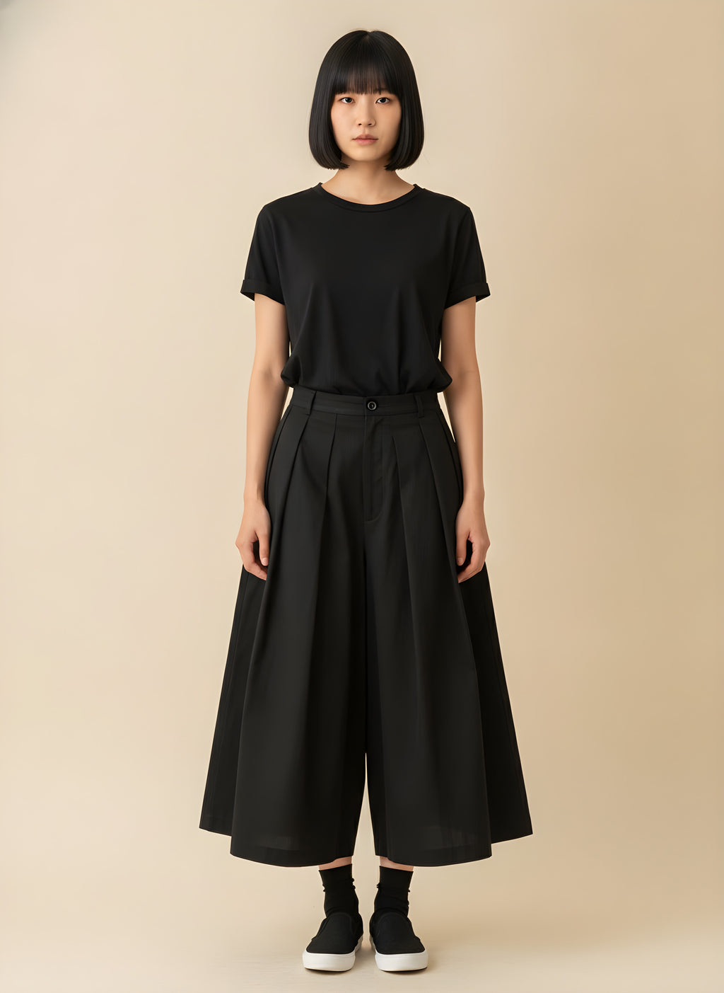 Cropped Wide-Leg Hakama Pants in Black, front view on model