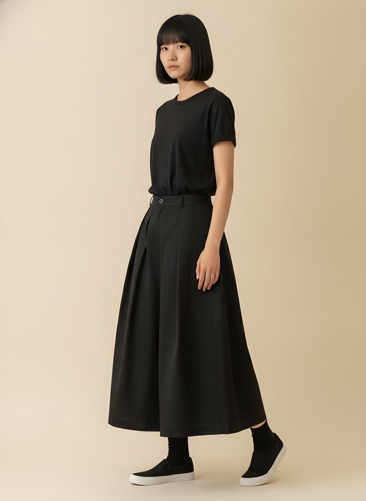 Cropped Wide-Leg Hakama Pants in Black, side view on model
