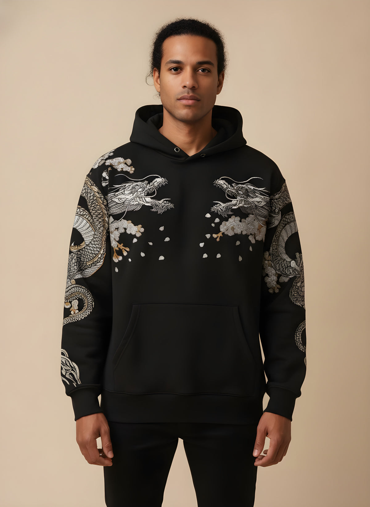 Suzaku Dragon Embroidered Hoodie, front view on model