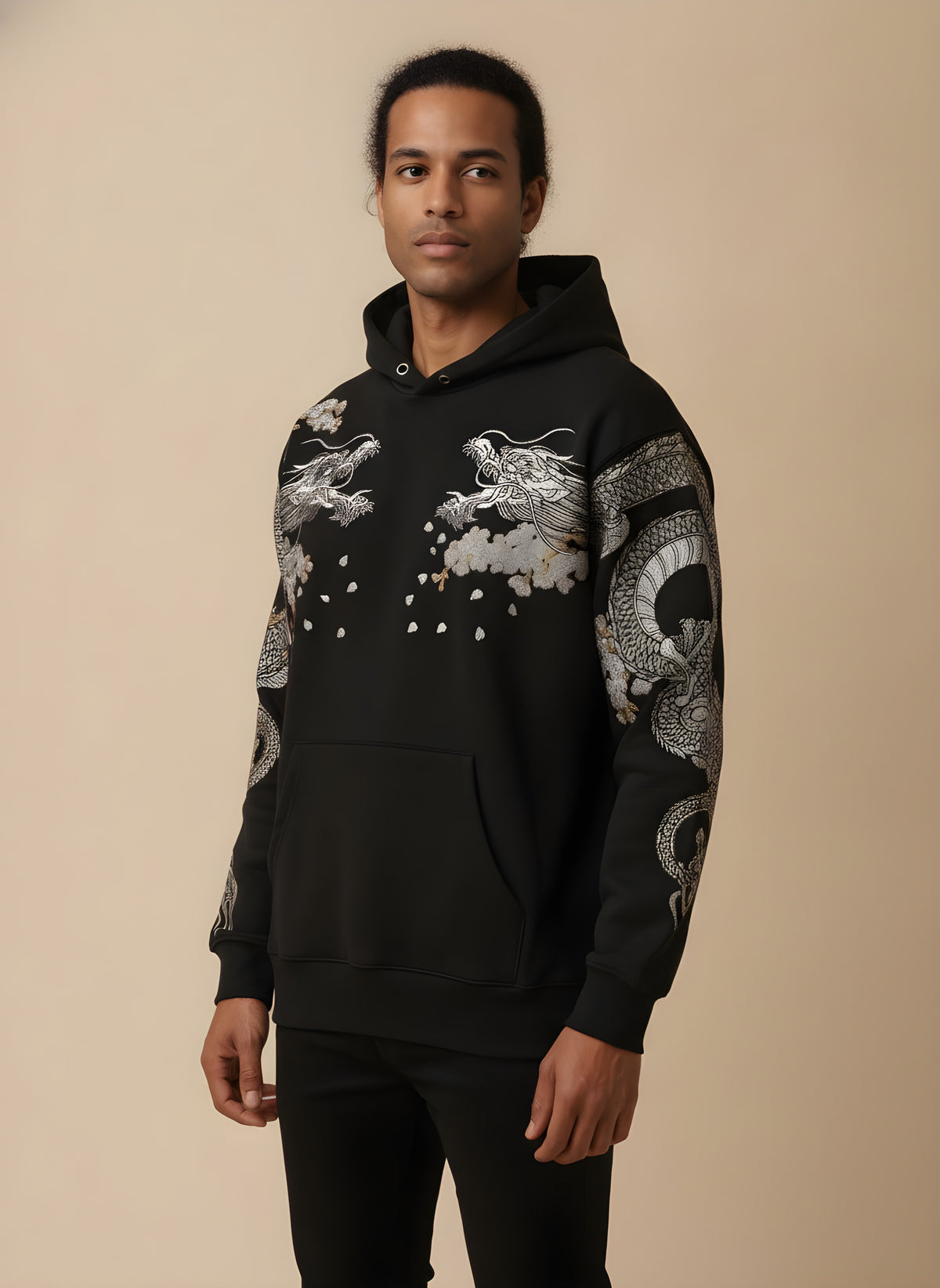 Suzaku Dragon Embroidered Hoodie, side view on model