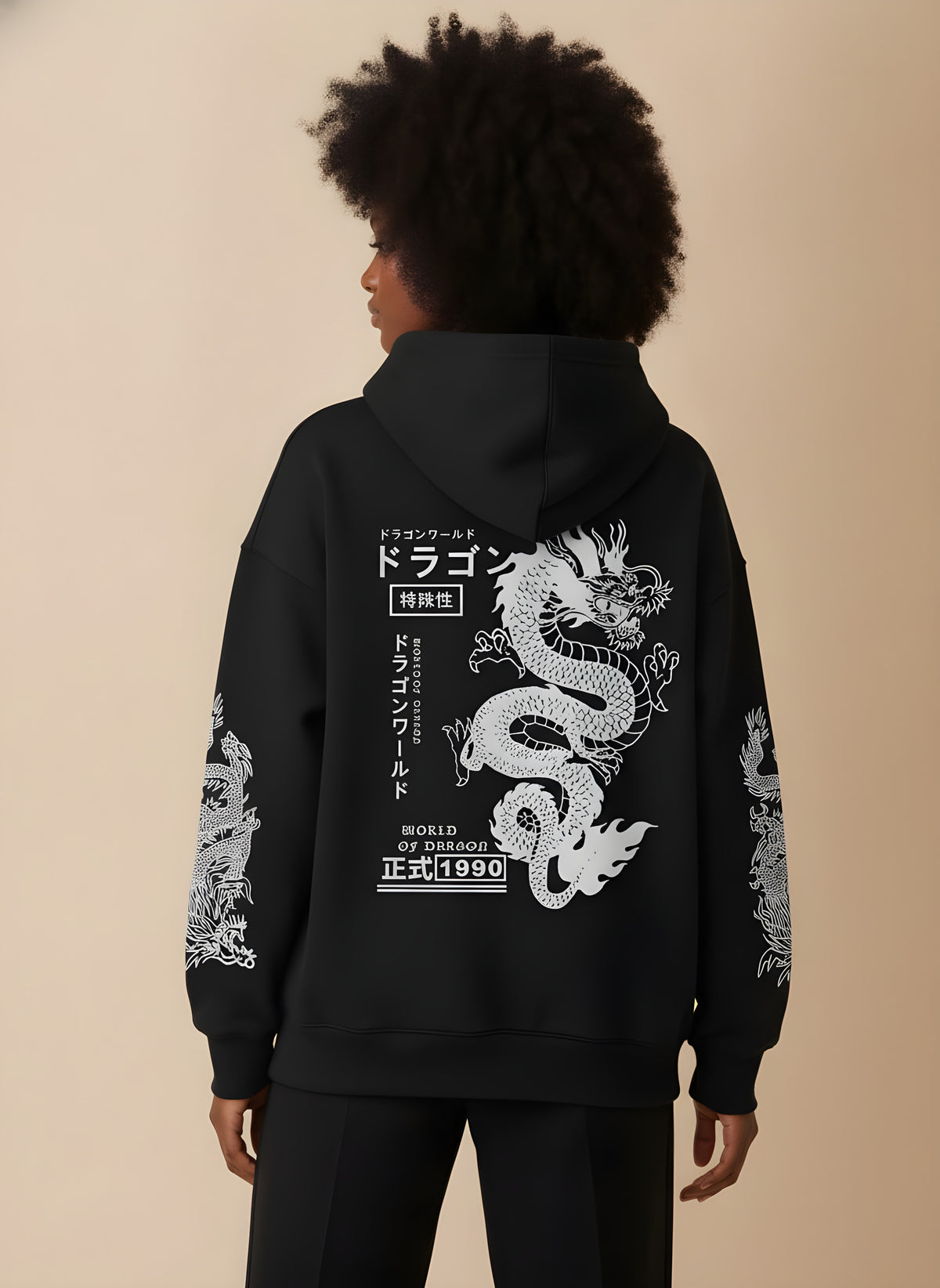 Dragon Print Japanese Hoodie, back view on model