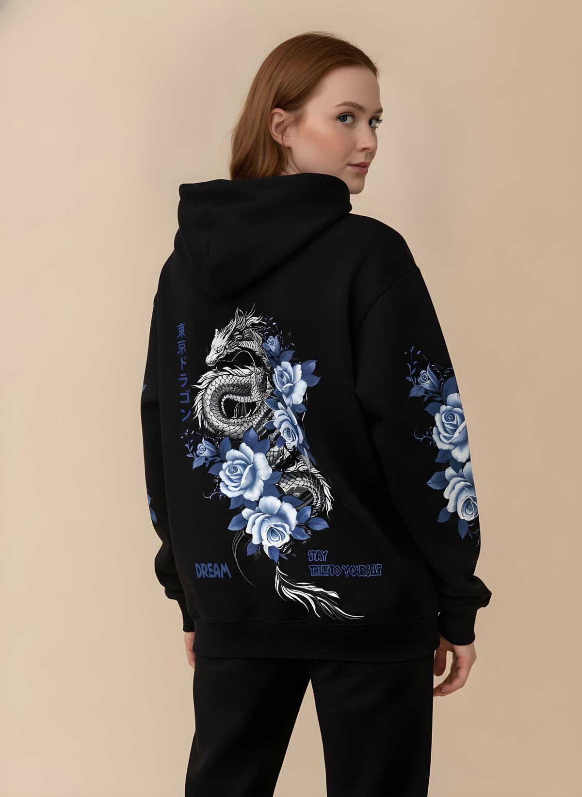 Dragon & Blue Rose Print Hoodie, back view on model