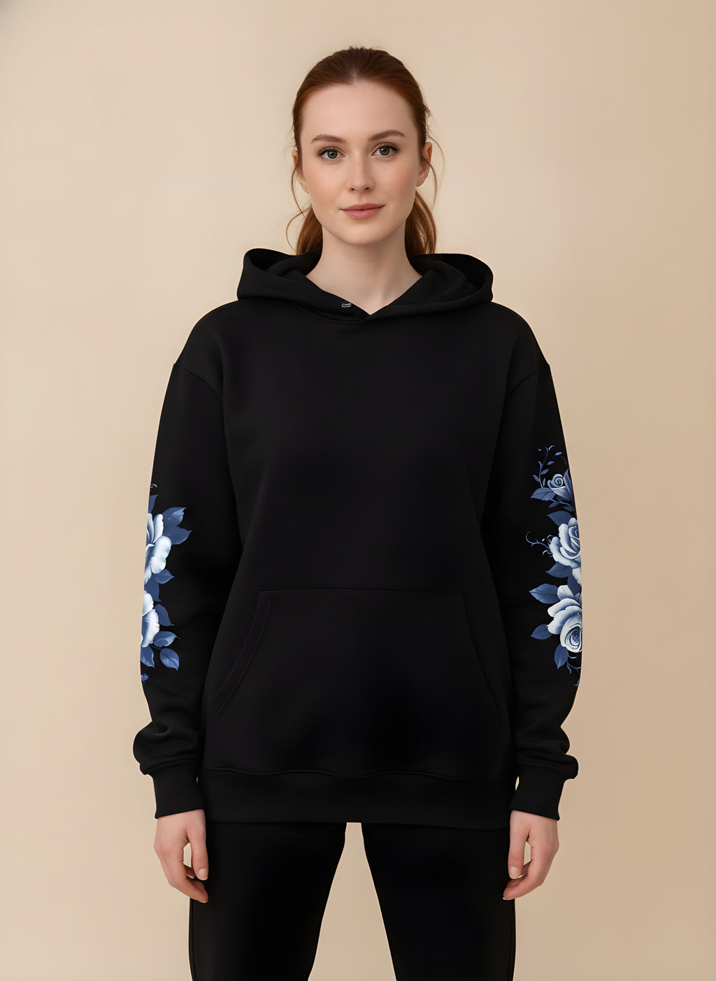 Dragon & Blue Rose Print Hoodie, front view on model