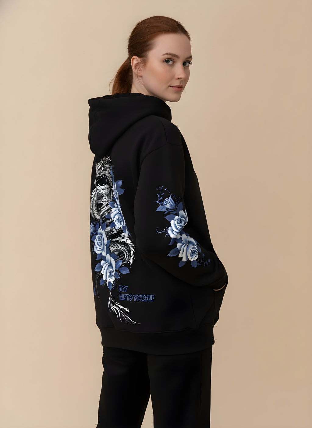 Dragon & Blue Rose Print Hoodie, side view on model