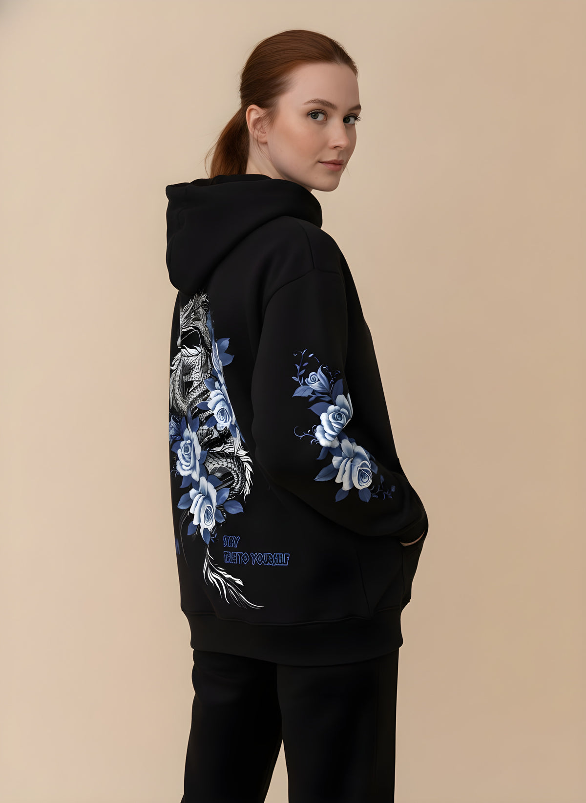 Dragon & Blue Rose Print Hoodie, side view on model