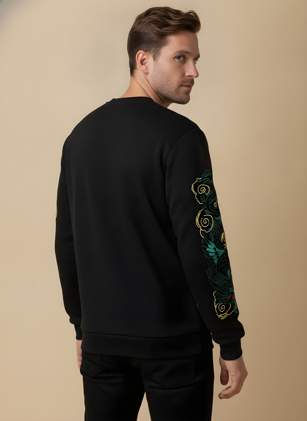 Green Dragon Embroidered Fleece Sweatshirt, back view on model