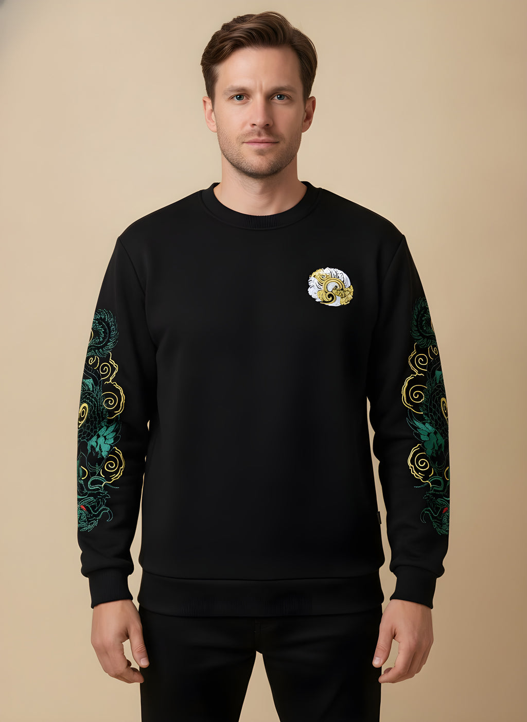 Green Dragon Embroidered Fleece Sweatshirt, front view on model