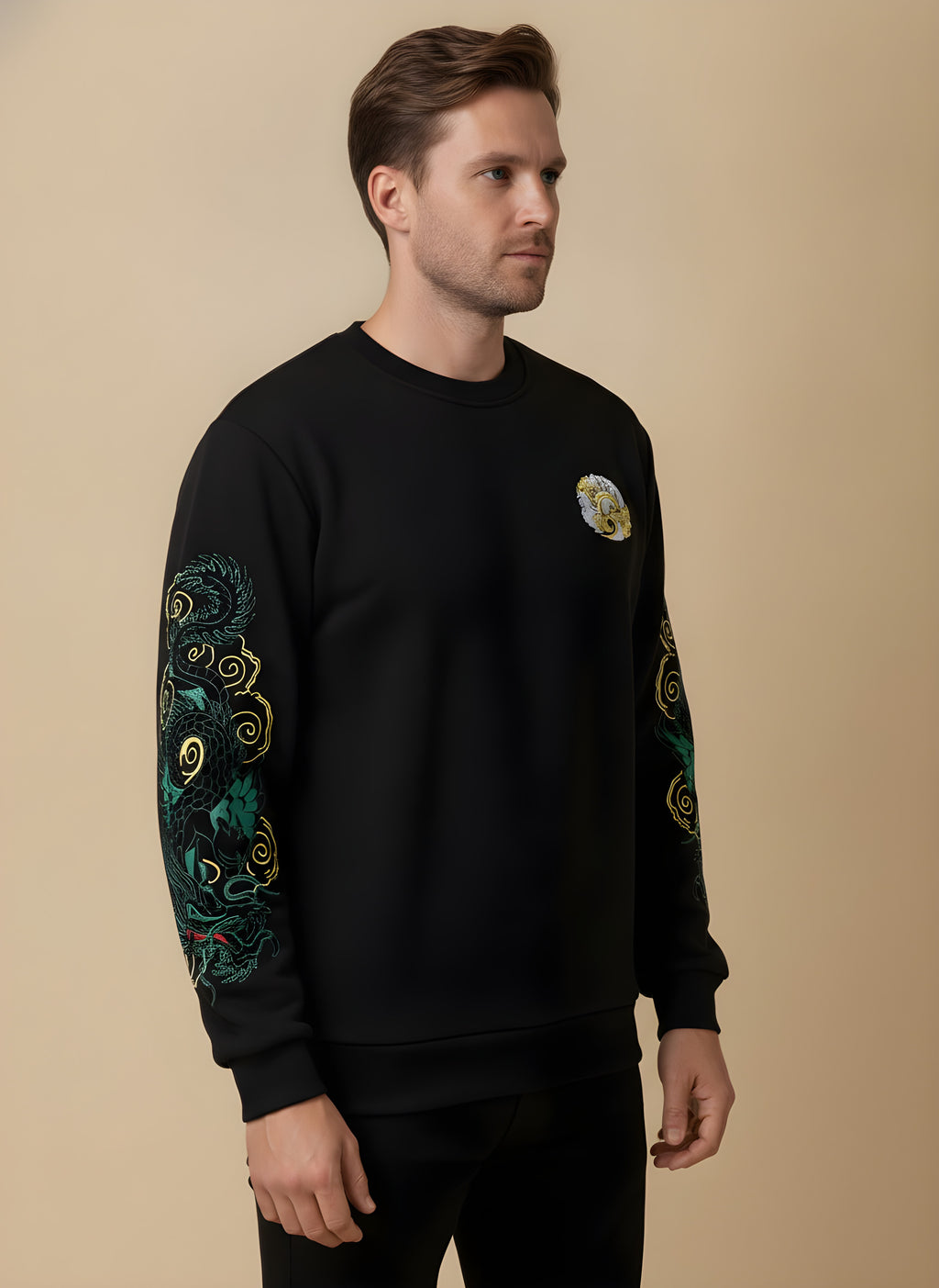 Green Dragon Embroidered Fleece Sweatshirt, side view on model