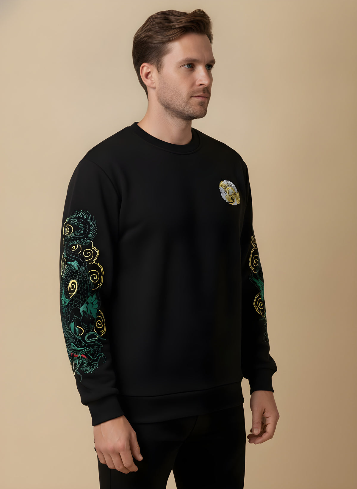 Green Dragon Embroidered Fleece Sweatshirt, side view on model