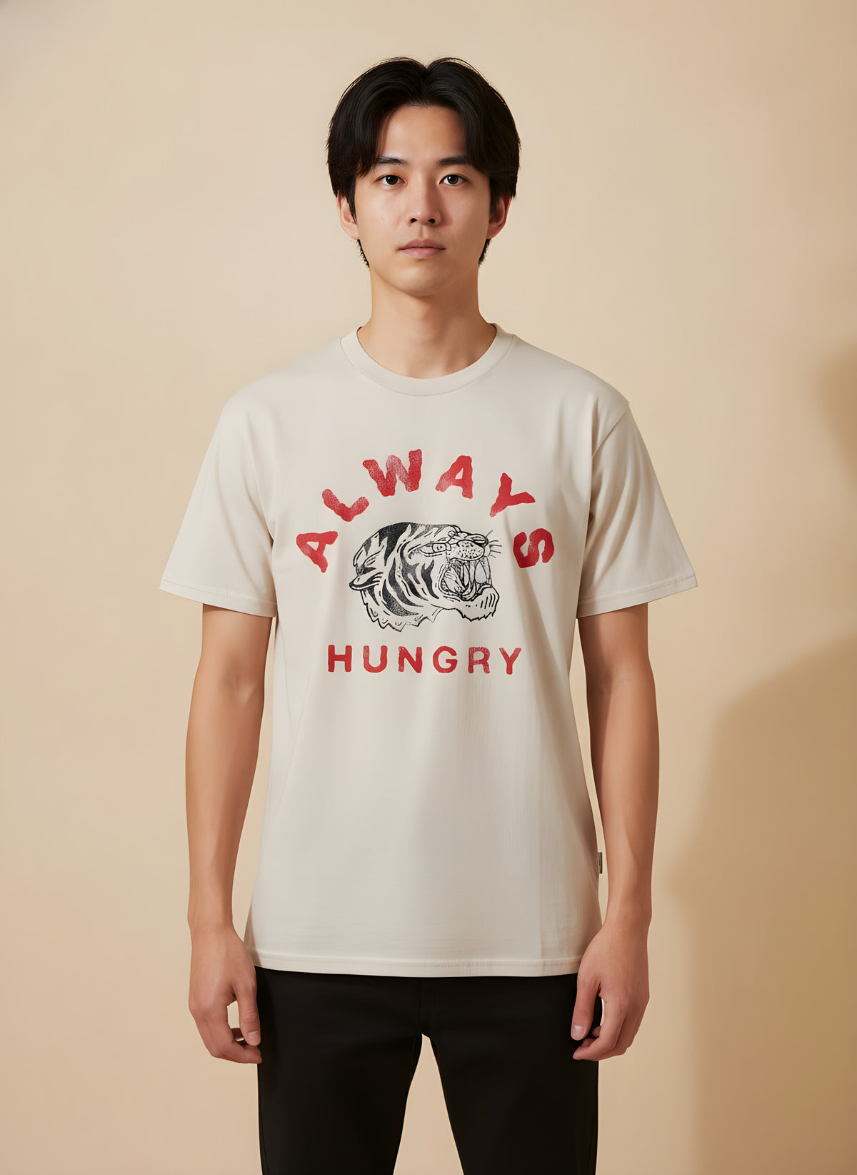 Always Hungry Vintage Tiger Print Cotton T-Shirt, front view on model
