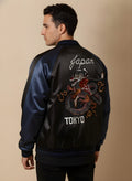 Tokyo Dragon Embroidered Souvenir Jacket in Navy, back view on model